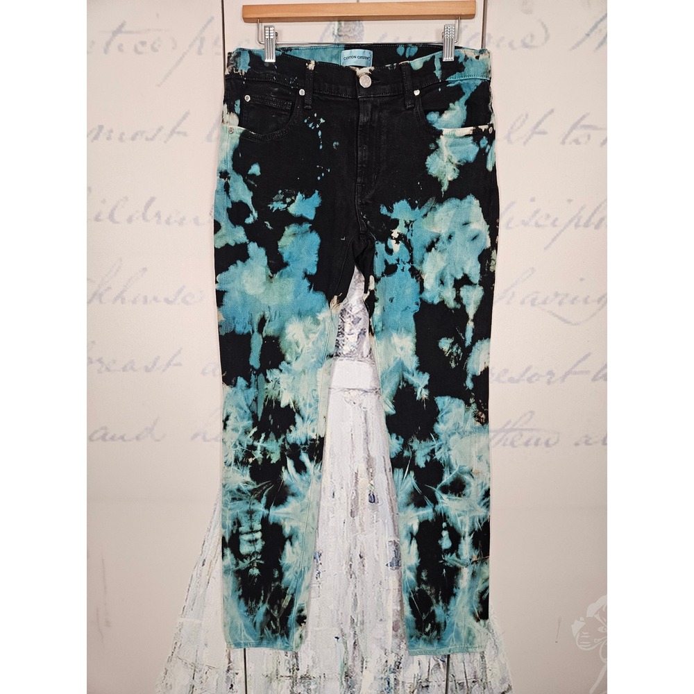 Cotton Citizen Mens 32 Black Turquoise Bleach Wash Slim Fit Tie Dye Denim Jeans